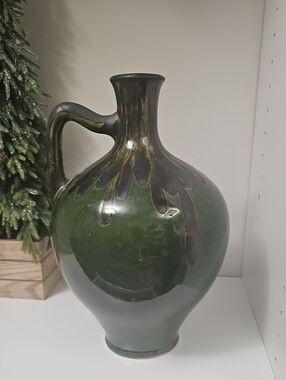 Green Ceramic Glazed Pitcher Vase Heavy 14"H 12"W
